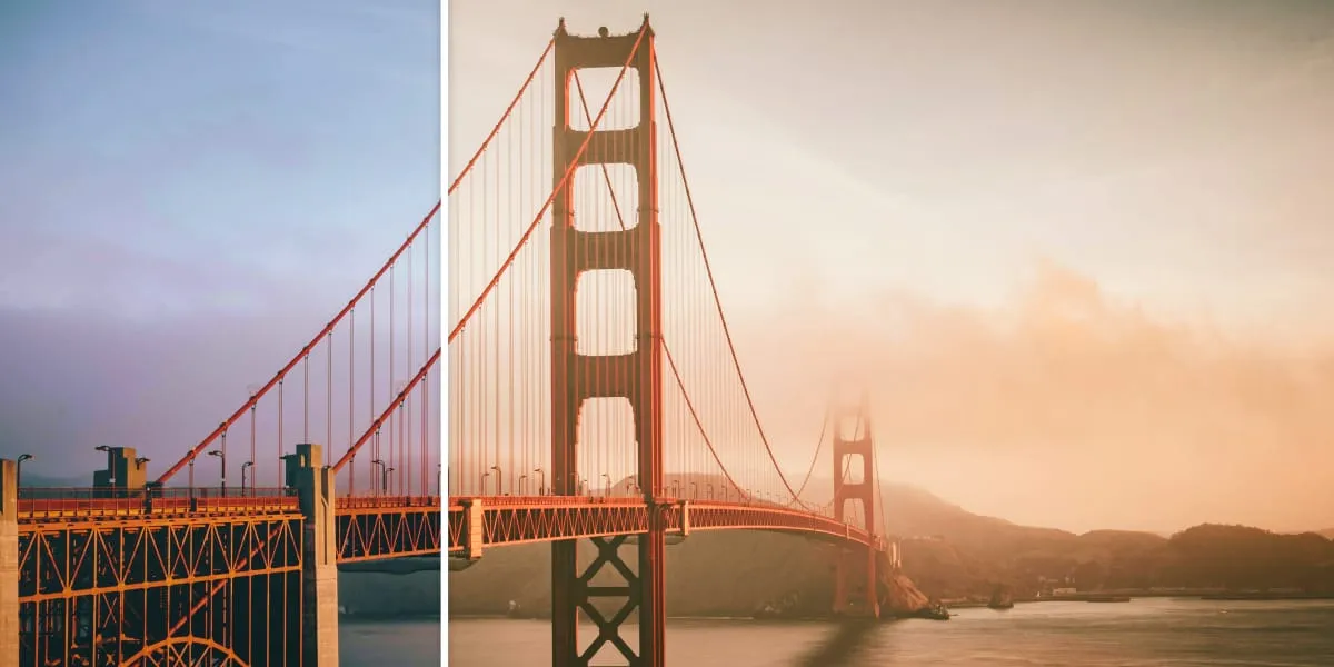 Golden Gate Bridge, split into the original photo and the same photo with a ProCamera filter