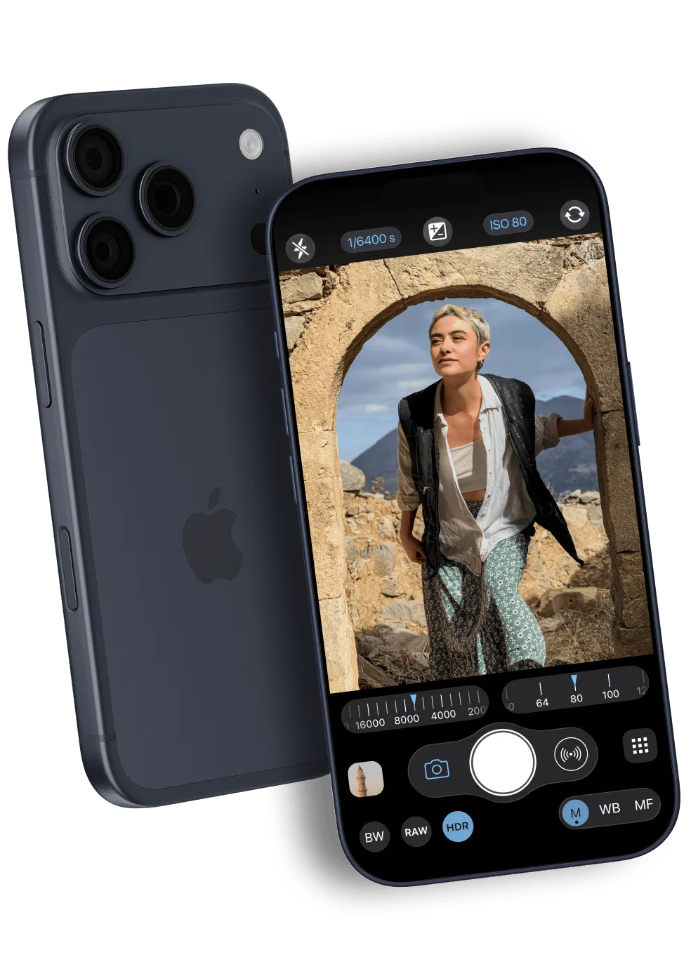 iPhone running ProCamera in photo mode, with the manual shutter and ISO dials visible