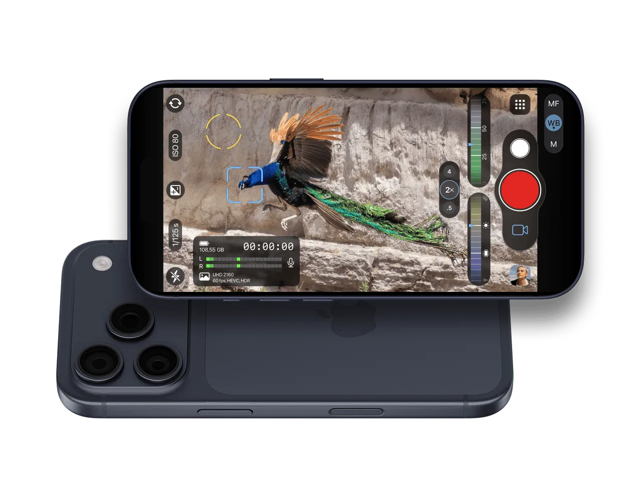 iPhone running ProCamera in video mode, recording UHD at 60 fps in HEVC HDR