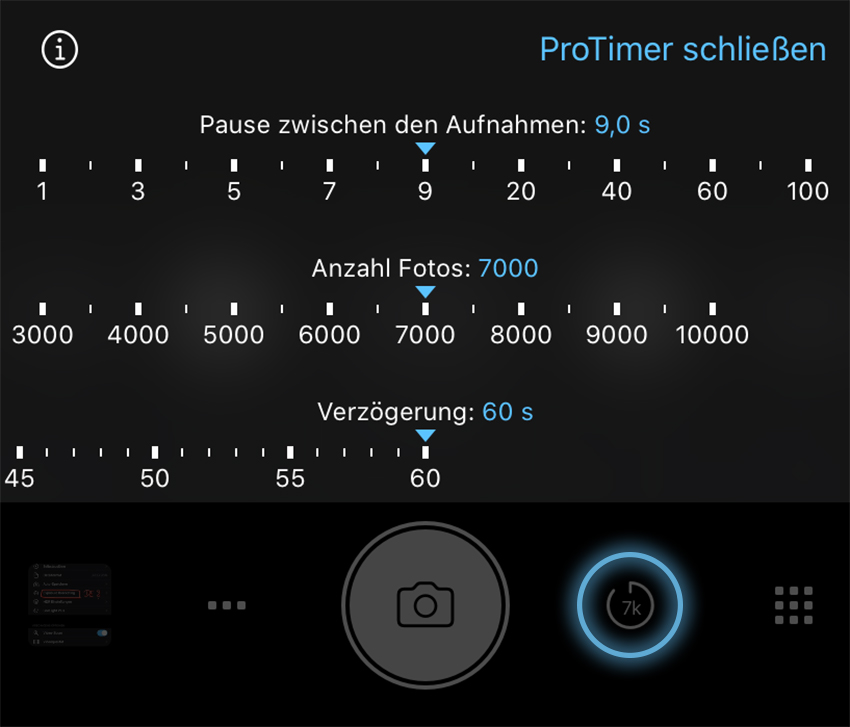ProTimer Intervalometer Einstellungen ProCamera