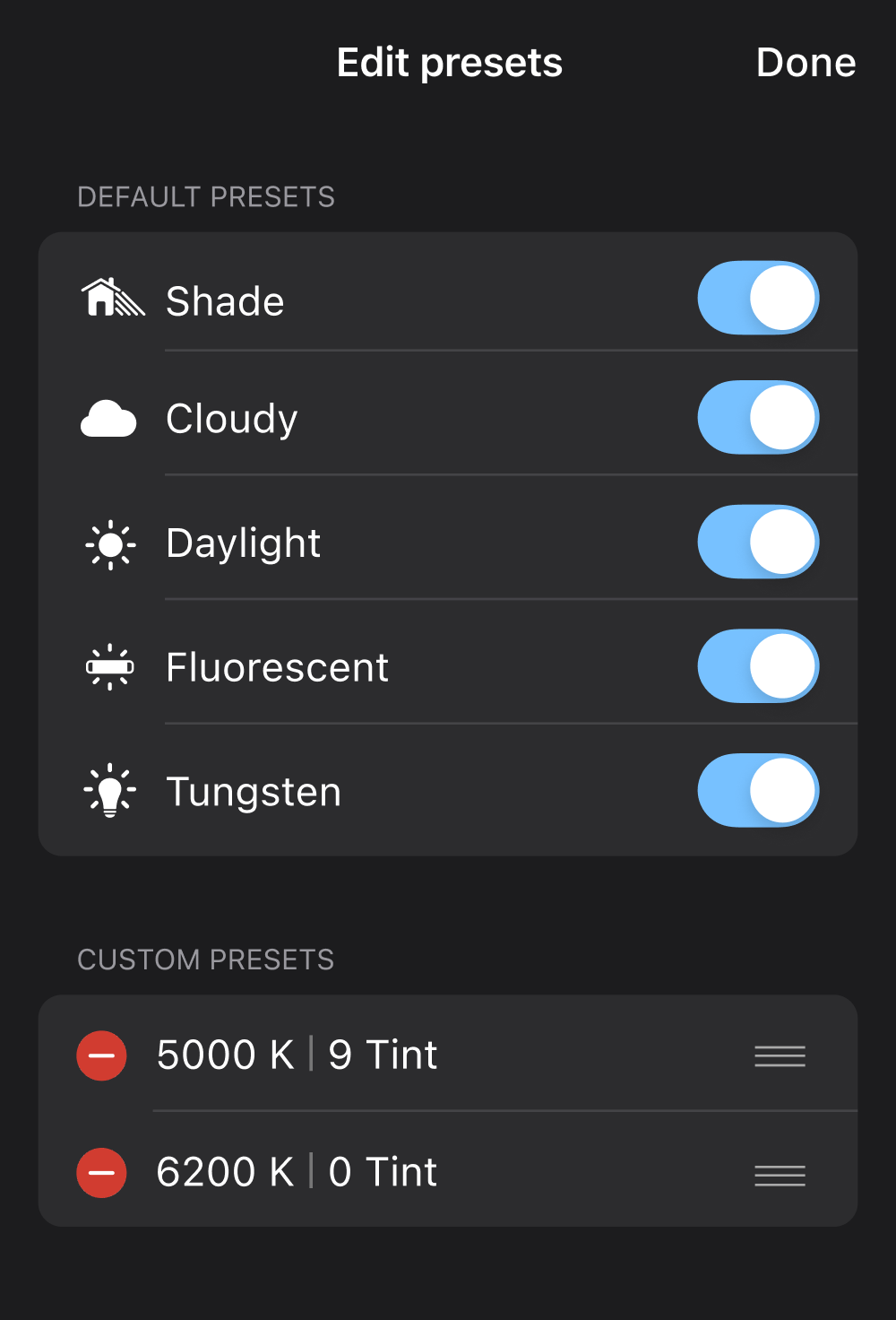 Edit the list of WB presets