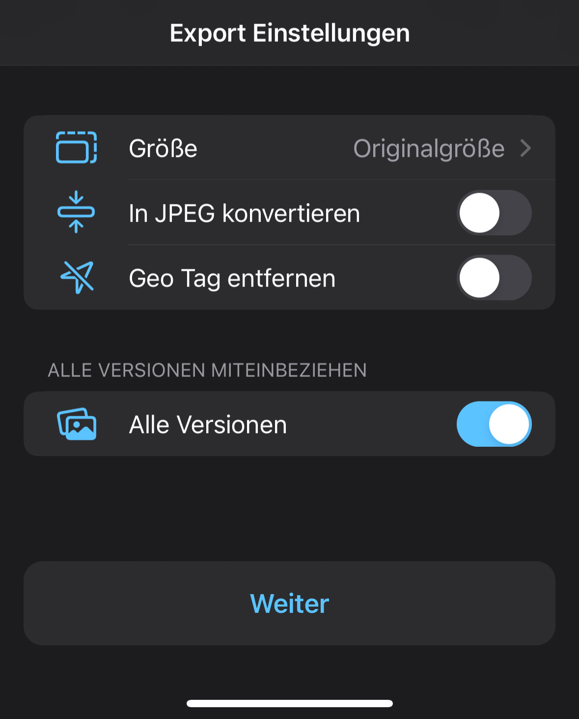 ProCameras Export-Einstellungen zum Teilen von Aufnahmen ProCamera