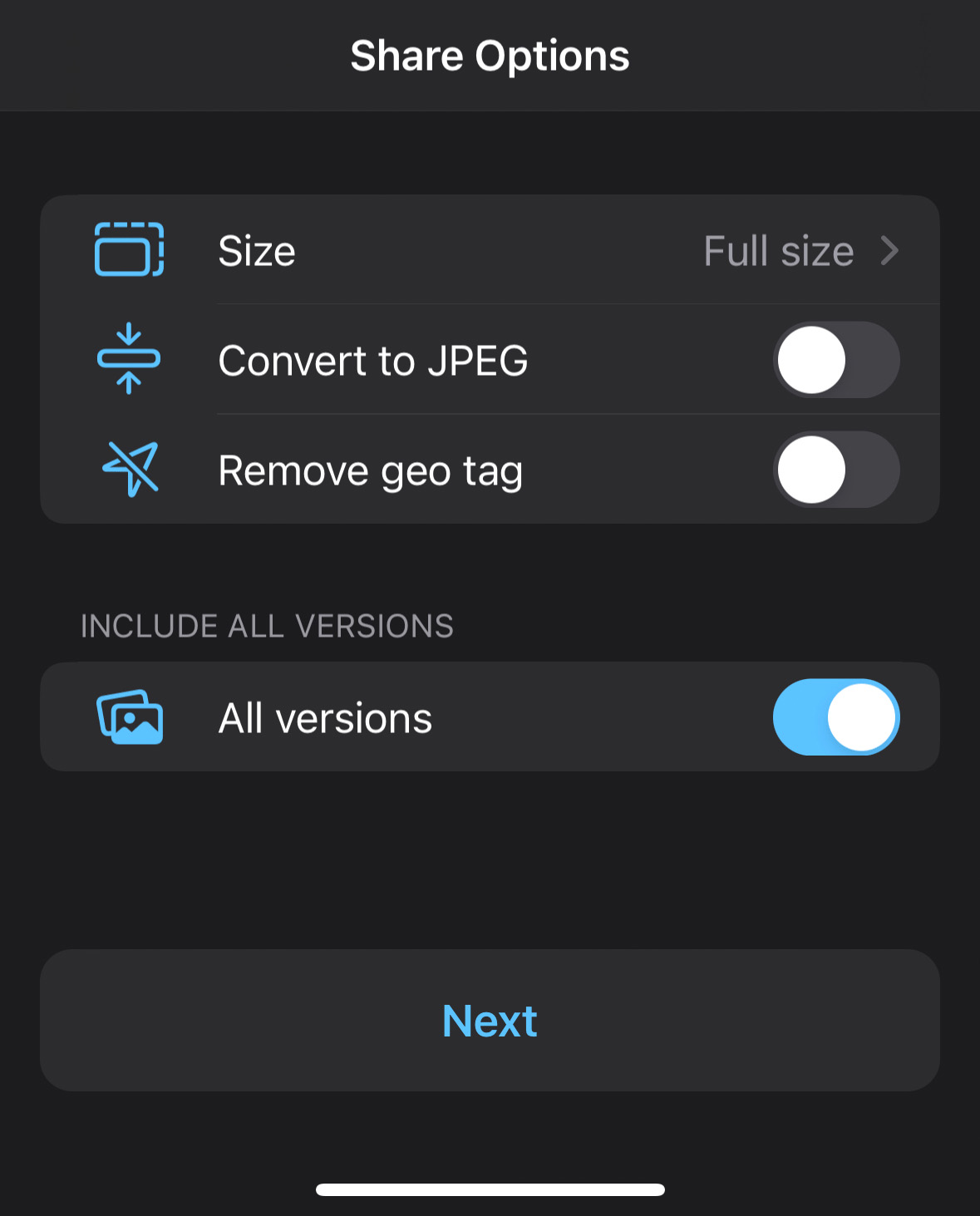 ProCamera App’s Share Options Menu with the new Share All Version option.